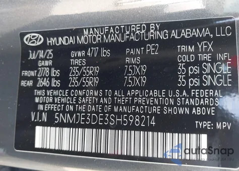 2025 Hyundai Tucson Limited z USA, uszkodzony, nr VIN 5NMJE3DE3SH598214